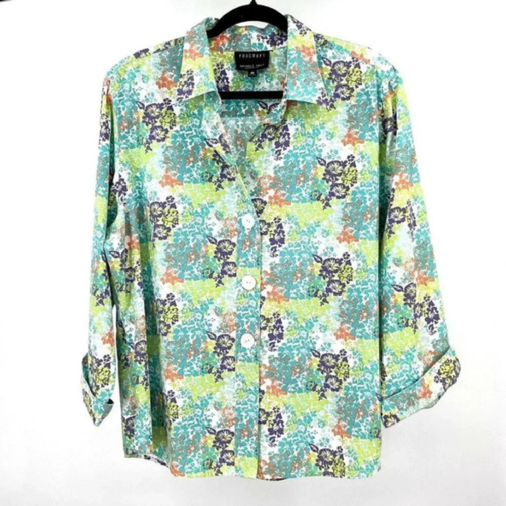 Foxcroft Non Iron Shaped Fit Button‎ Shirt Size 18 Multicolor Floral 3/4 Sleeves